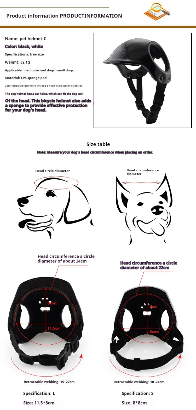 Pet helmet product information sheet with size chart and measurement guide.
