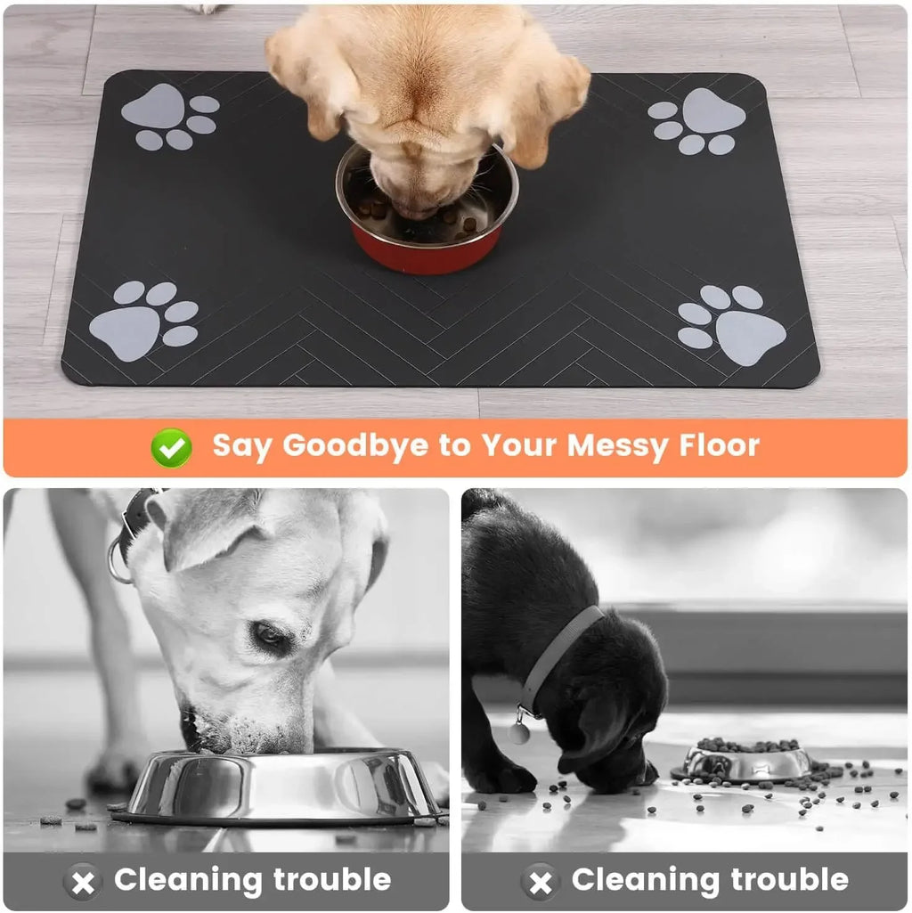 Dog eating from a bowl on a black mat with paw prints, featuring text about cleaning trouble.
