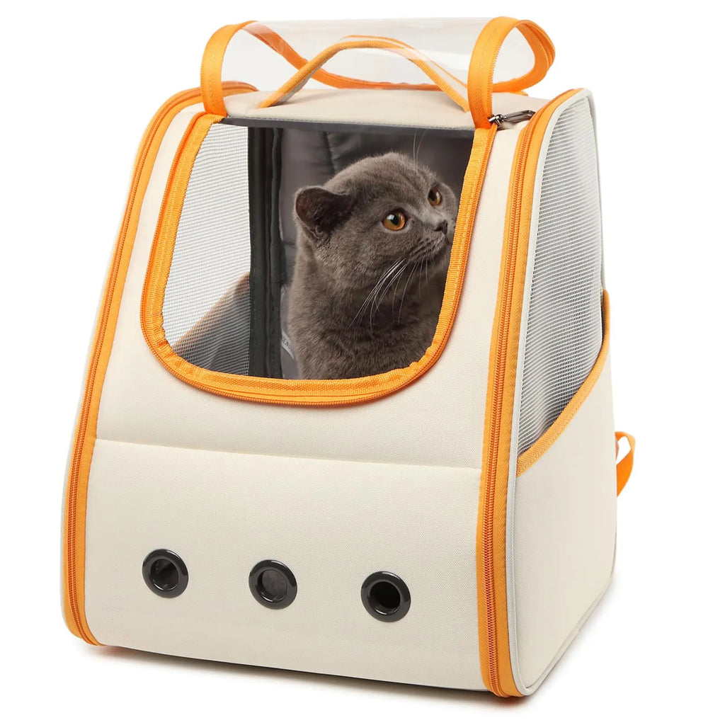 Pet carrier with a cat peeking out, featuring orange accents on a white background