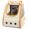 Pet carrier with a cat peeking out, featuring orange accents on a white background