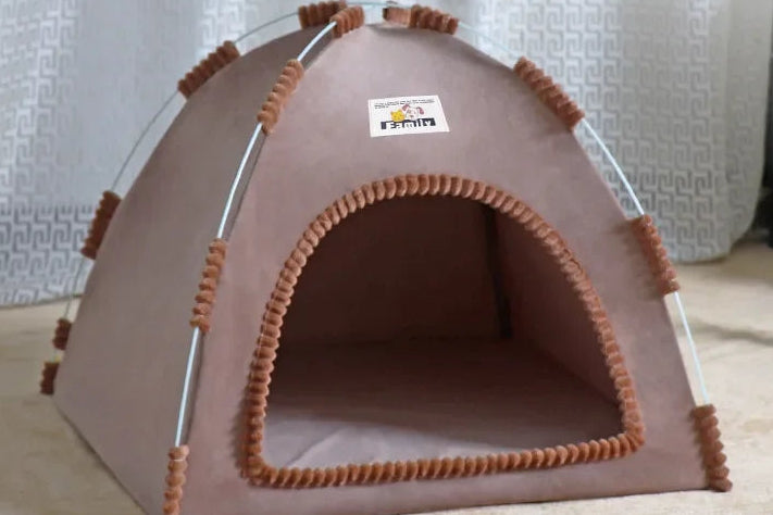 brown Pet tent with a label on a light background