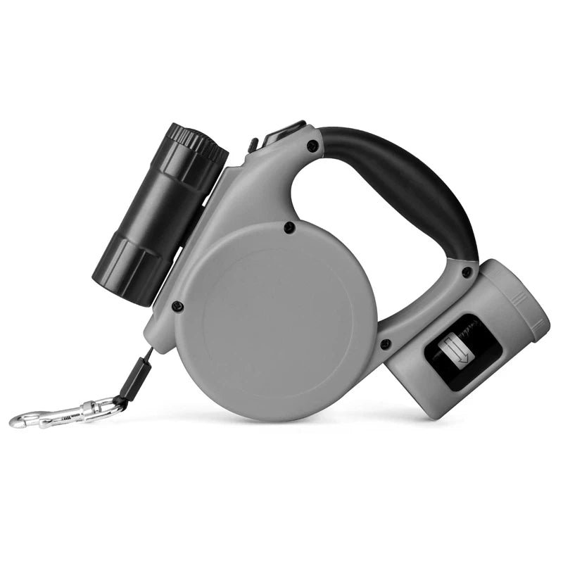 Retractable  gray dog leash with flashlight on a white background