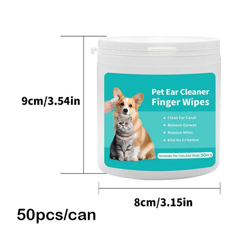 Pet ear cleaner finger wipes container with dimensions and product details on a white background