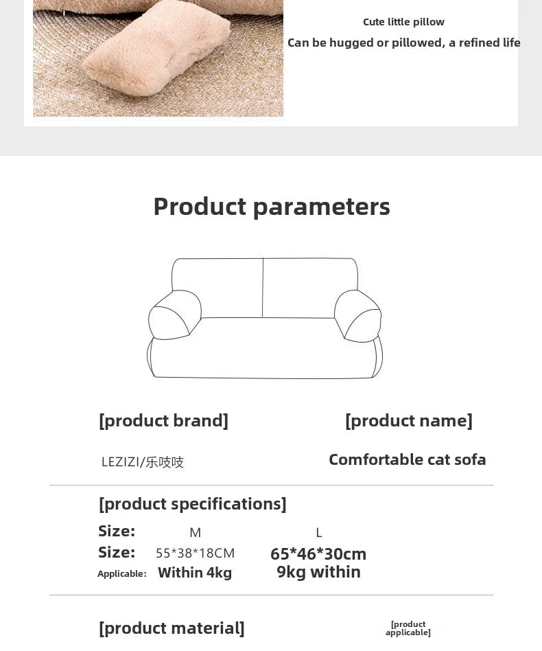 Product description sheet for a comfortable cat sofa with dimensions and material details.