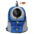 Blue and gray pet carrier backpack with a small orange bowl on a white background