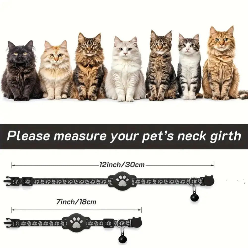 Collar with measurement chart and cats of various breeds on a white background