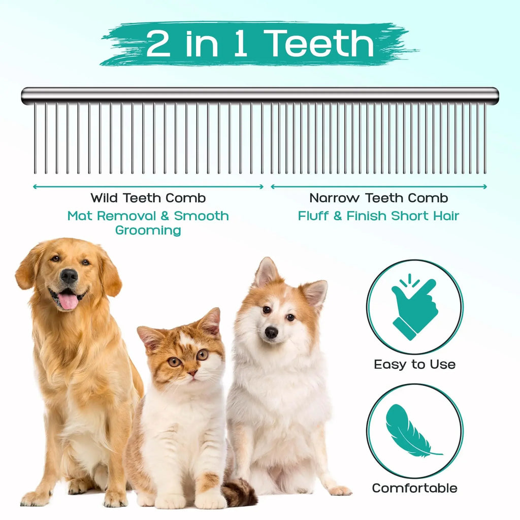 Pet grooming comb with two types of teeth, shown with a dog, cat, and dog, and features like 'Easy to Use' and 'Comfortable'.