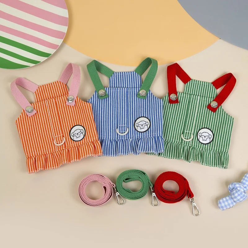 Colorful overalls with matching straps on a beige background