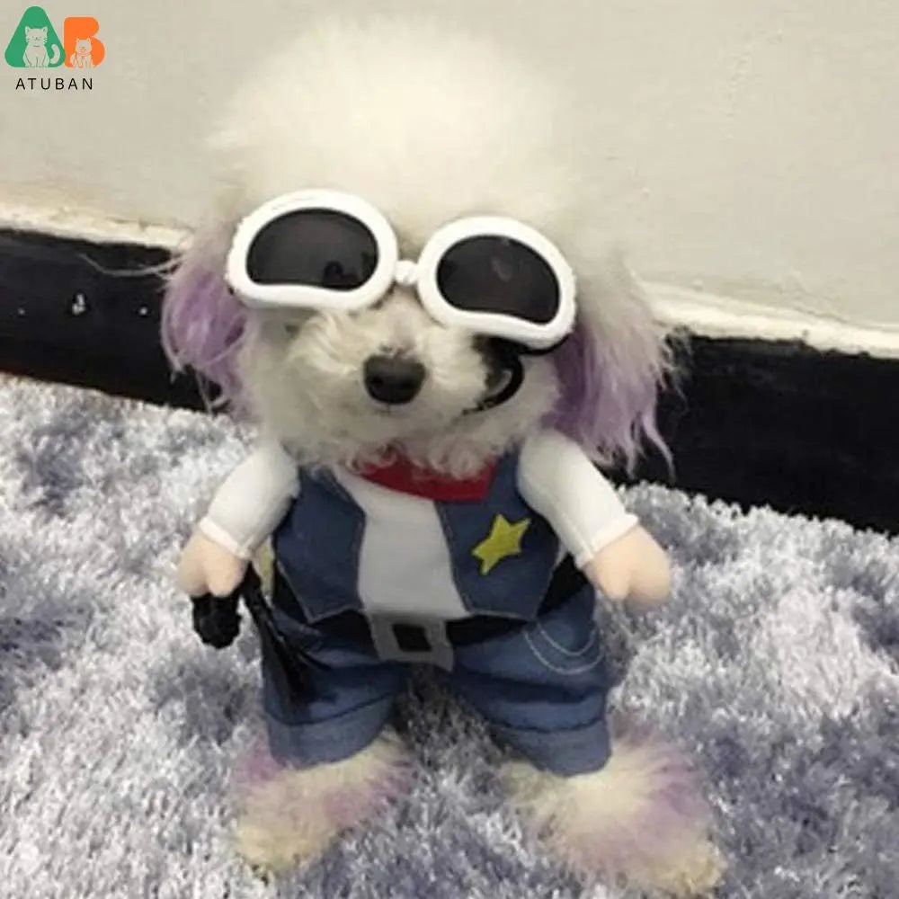 Stuffed toy poodle wearing sunglasses and a denim outfit on a textured surface