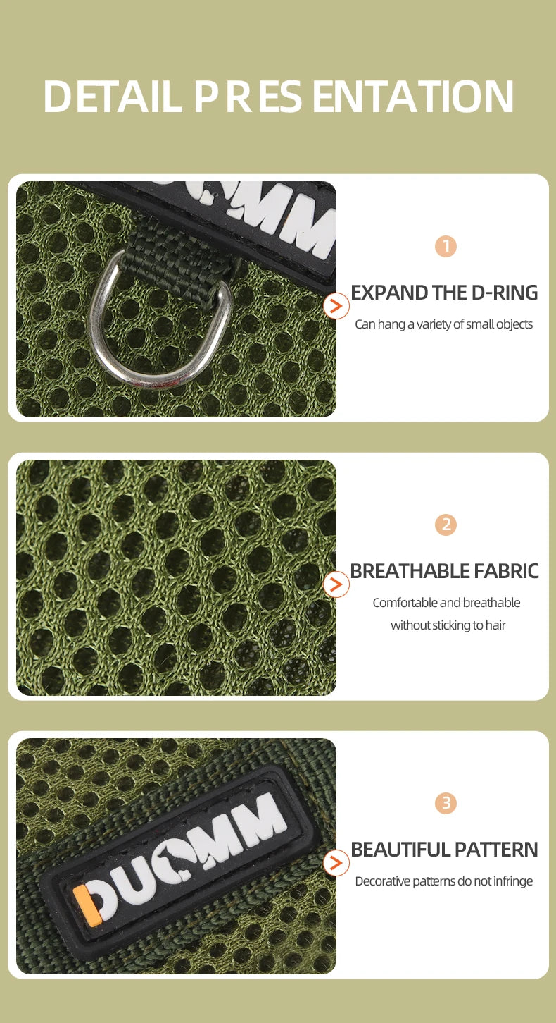 Product details of a green close up of harness with D-ring and breathable fabric, 
