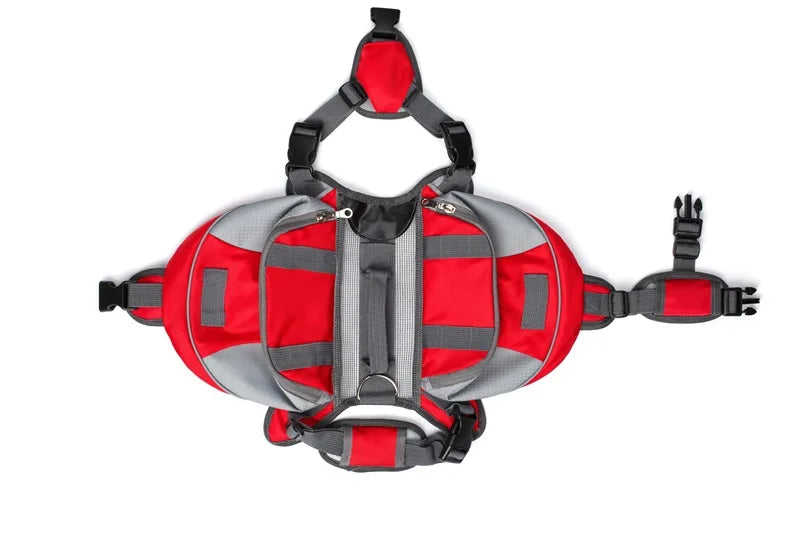 Red and gray dog harness on a white background