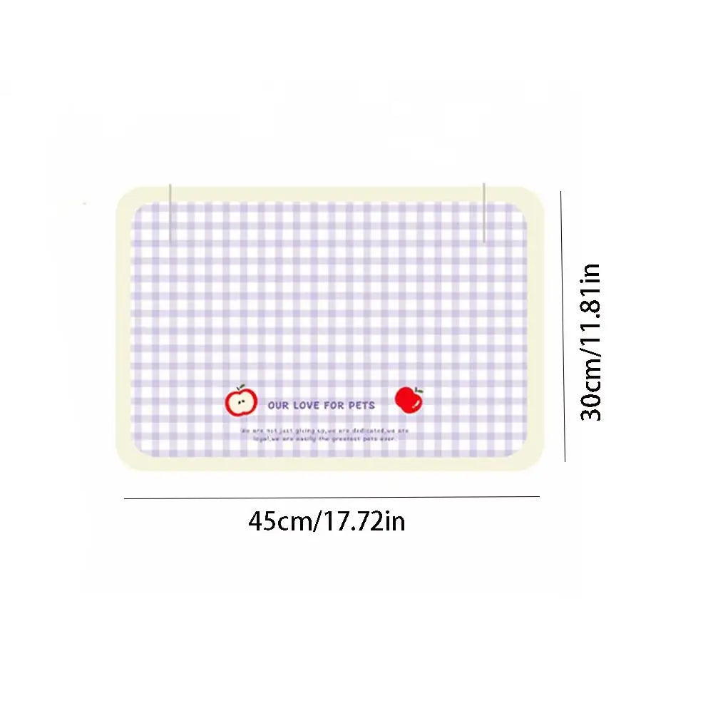 Pet mat with checkered pattern and brand logo, shown with dimensions on a white background.