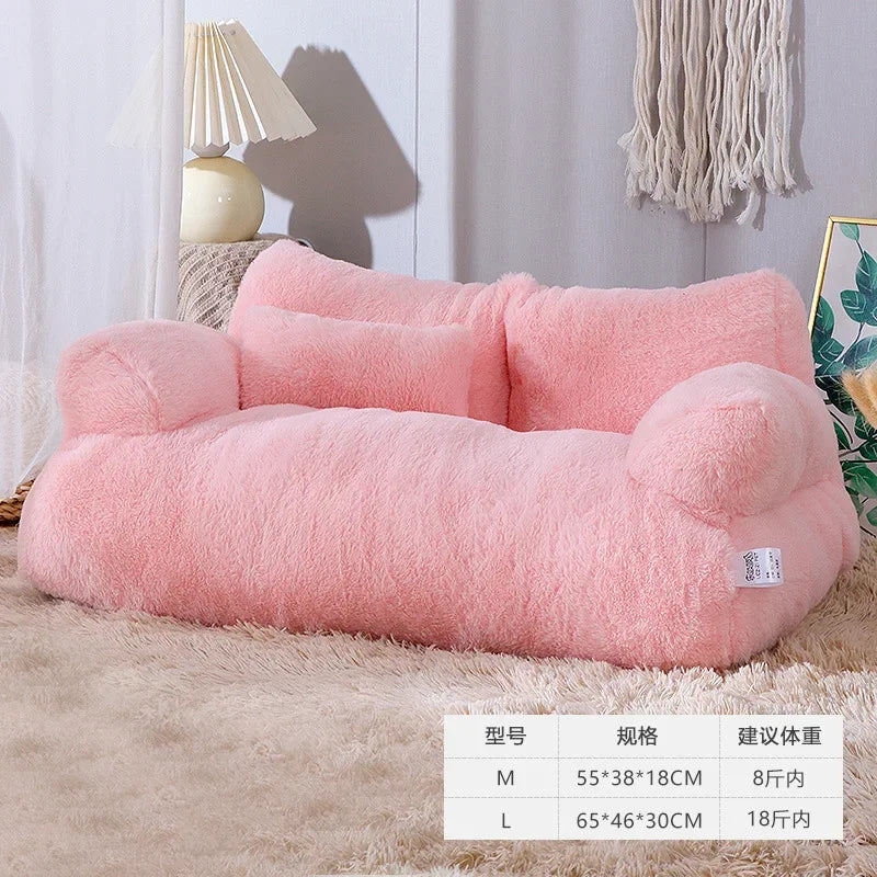 Pink pet bed on a white background with text overlay