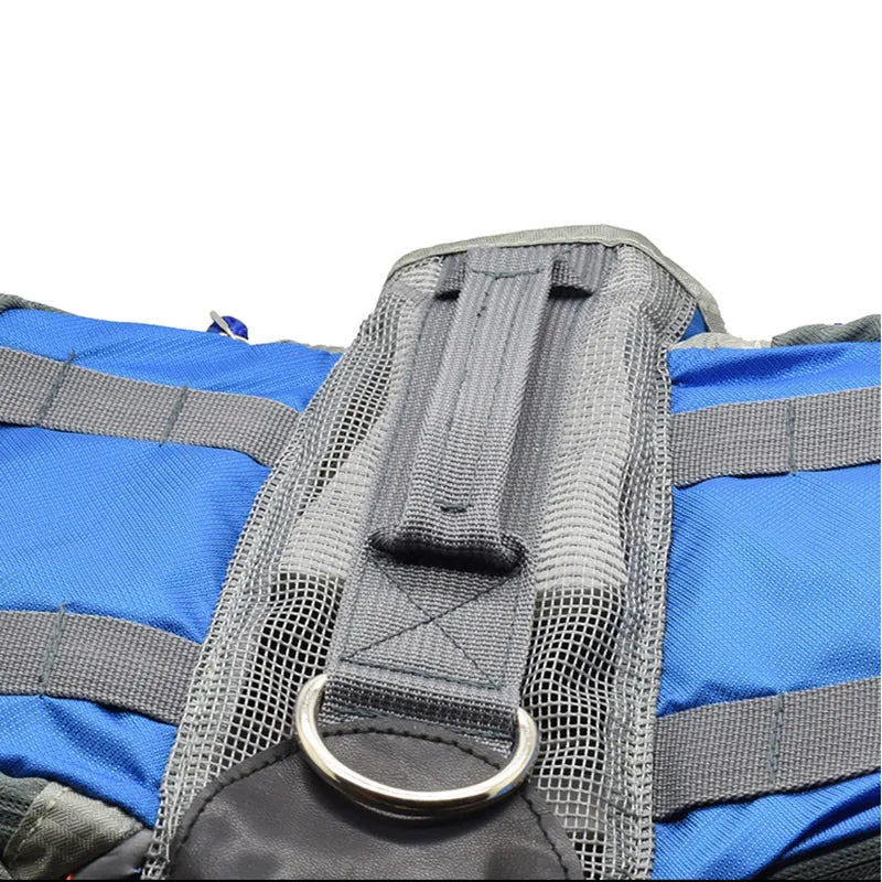 Blue and gray dog vest with mesh back and D-ring on a white background