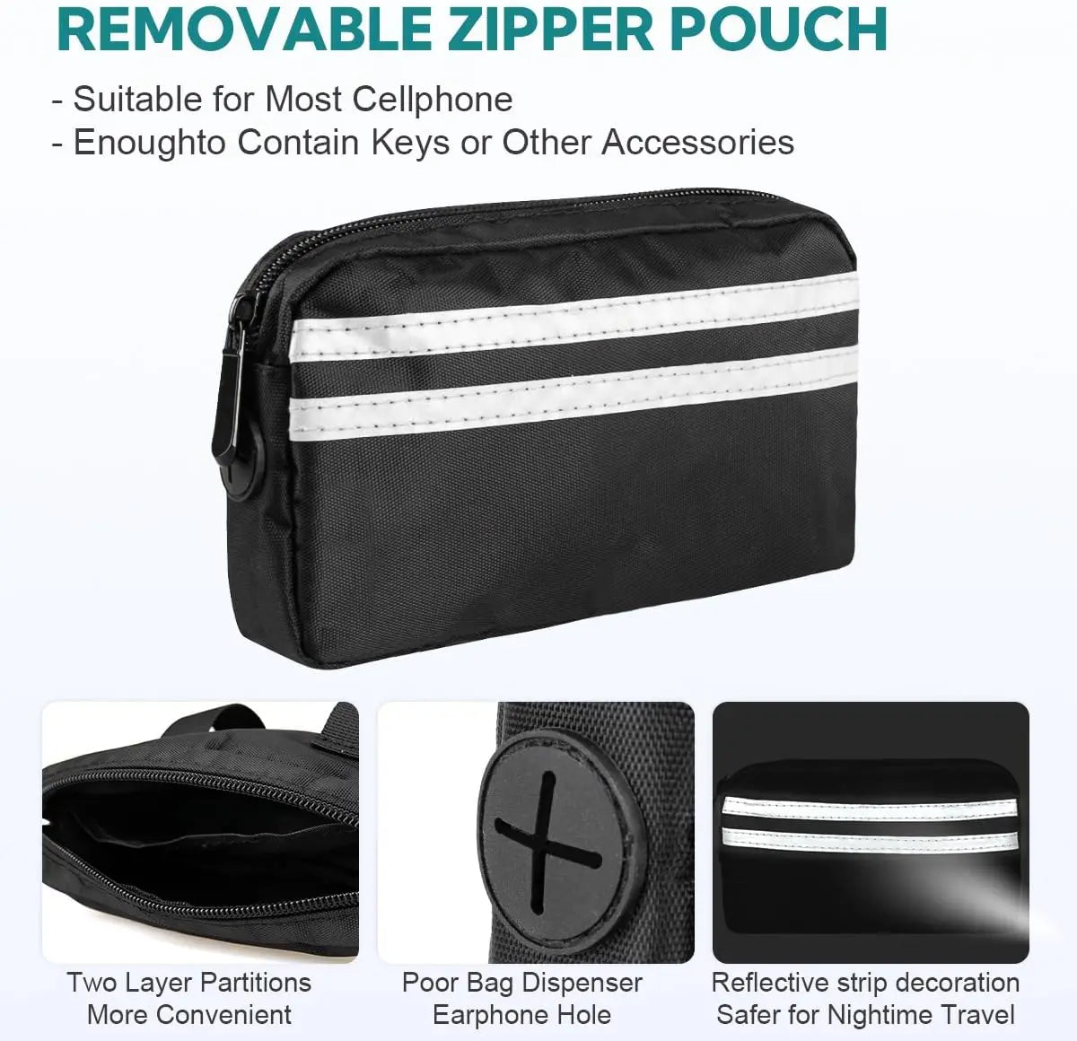 Black zippered pouch with reflective stripes on a white background, featuring text about its features.