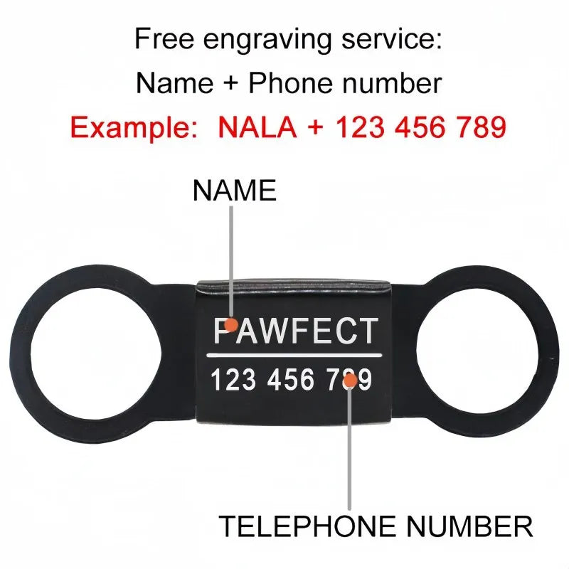 Black metal dog tag with engraving area for name and phone number on a white background