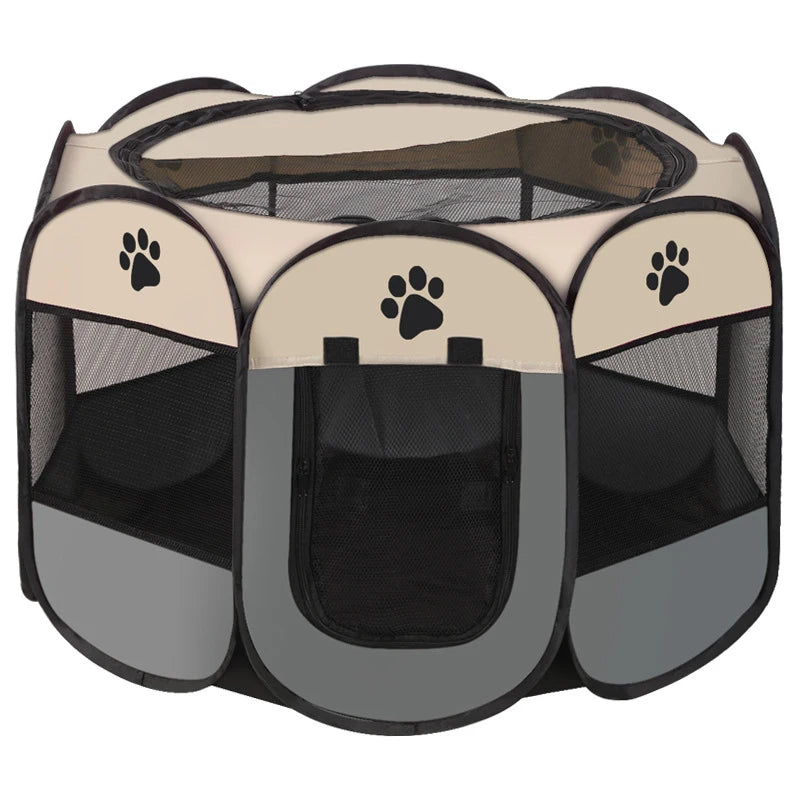 Pet playpen with paw prints on a white background