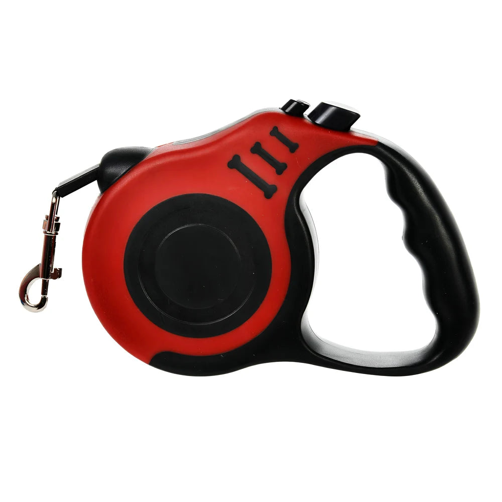 Red and black retractable dog leash on a white background