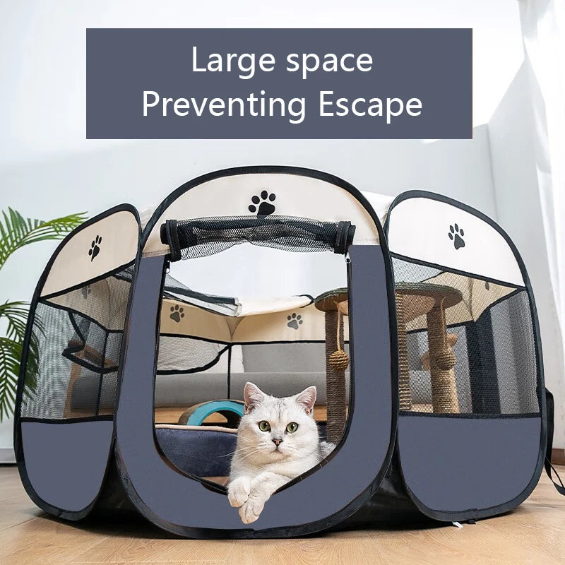 Pet playpen with a cat inside, labeled 'Large space Preventing Escape', on a light background.
