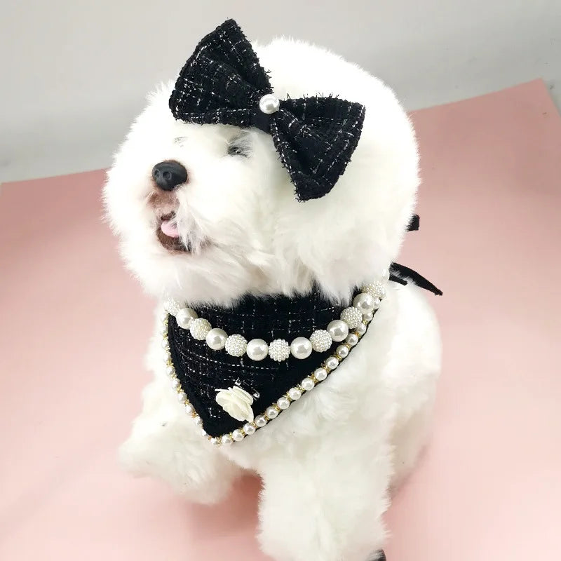 Small white dog wearing a black bow and pearl accessory on a pink background