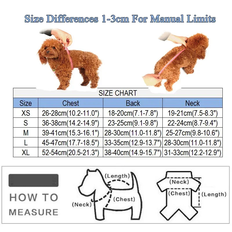 Dog size chart with measurements for chest, back, and neck, accompanied by images of a dog on a leash.