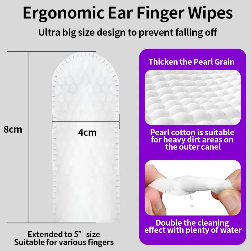 Ergonomic ear finger wipes with features highlighted on a gray background