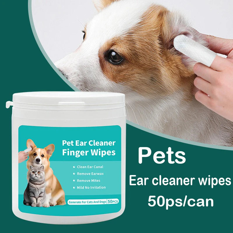 Pet ear cleaner wipes with a dog being cleaned and product packaging on a green background