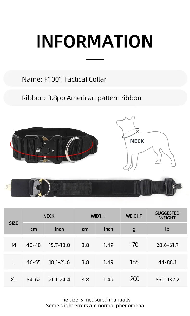 Tactical collar with size chart and measurement details on a white background