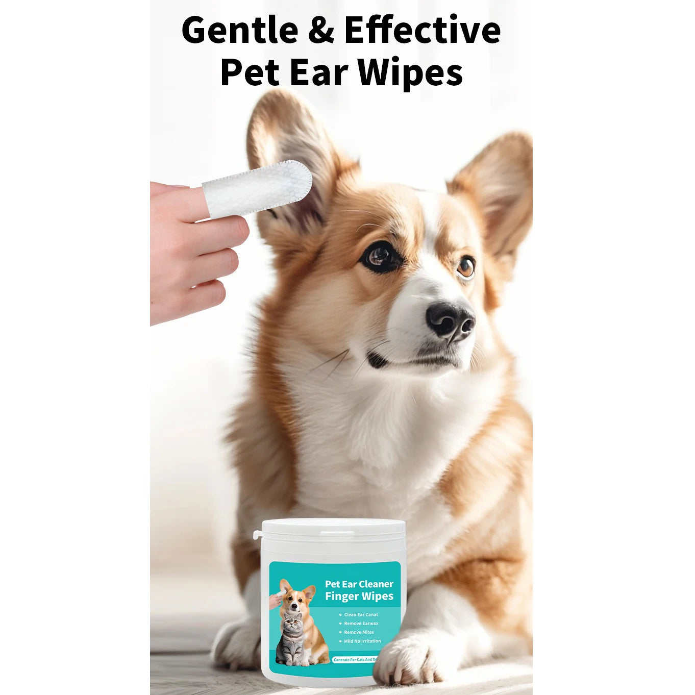 Dog being cleaned with pet ear wipes and a container of wipes on a white background