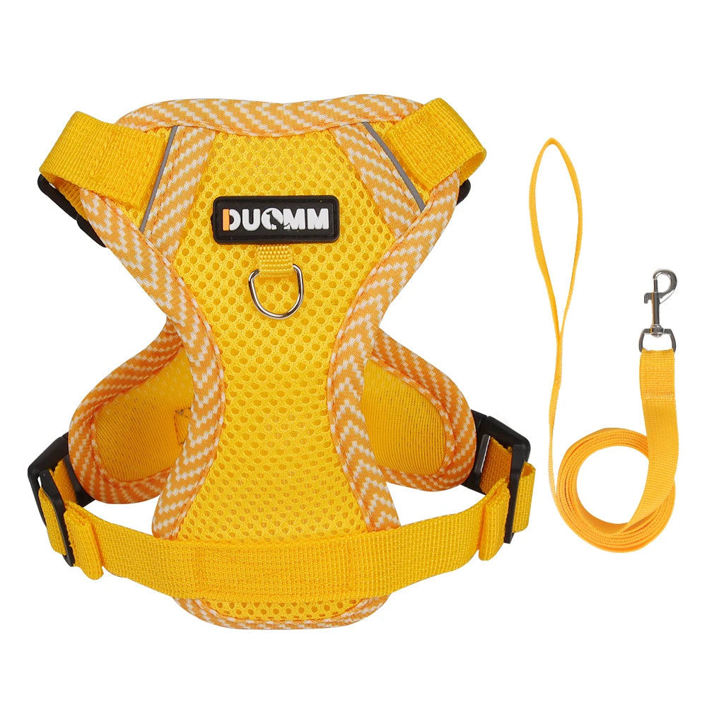 Yellow dog harness and leash set with Duom brand on a white background