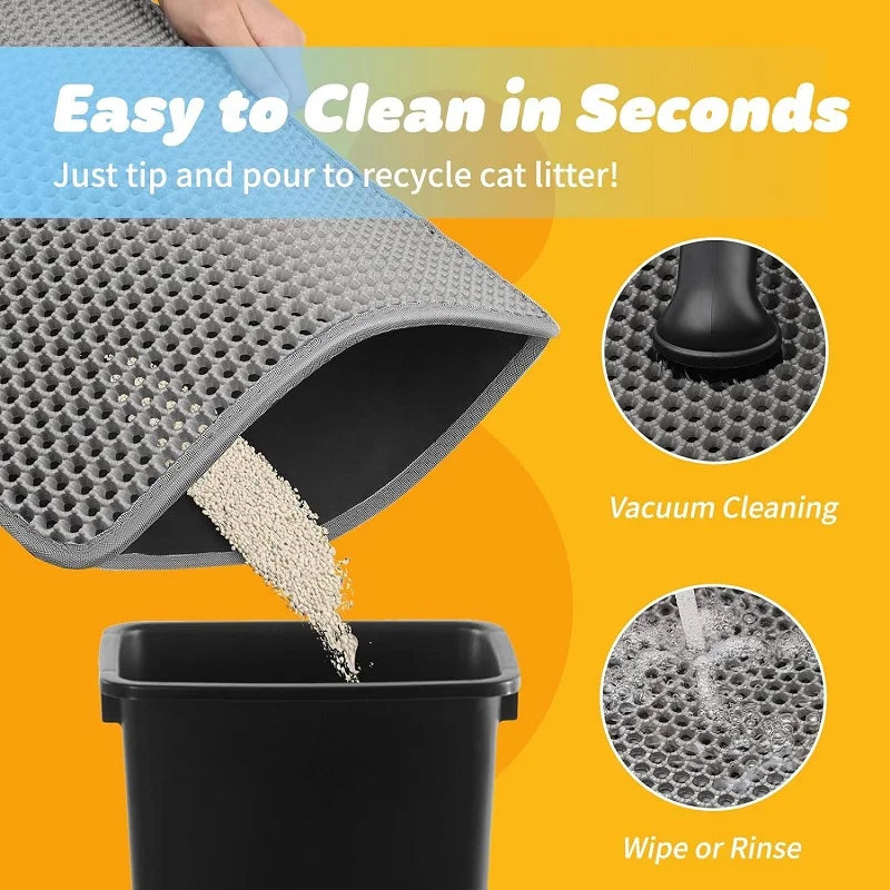 Cat litter mat with text 'Easy to Clean in Seconds' on an orange background