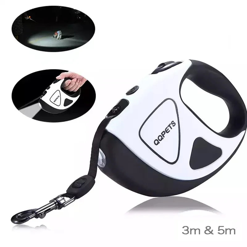 Retractable dog leash with handle and 'QQPets' branding on a white background