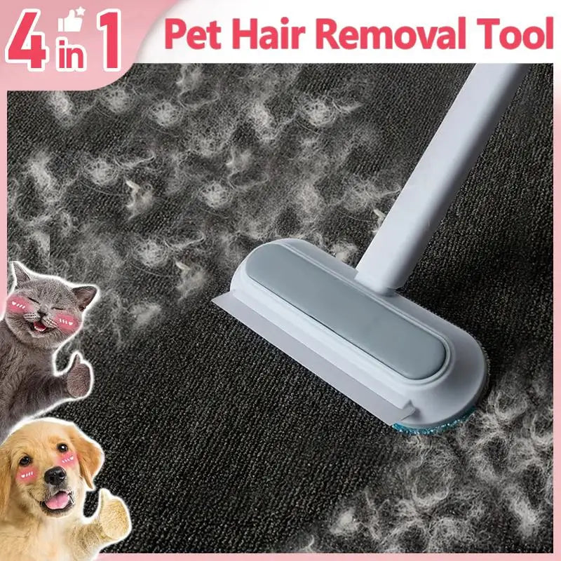 Pet hair removal tool with pet illustrations on a dark fabric background