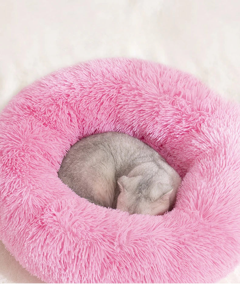 Pink fluffy pet bed with a cat inside on a white background