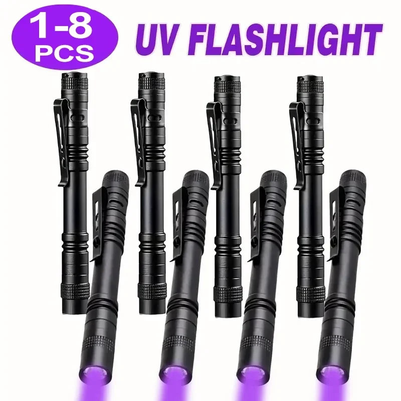 Set of black UV flashlights with purple light emission on a white background, labeled 1-8 PCS UV Flashlight.