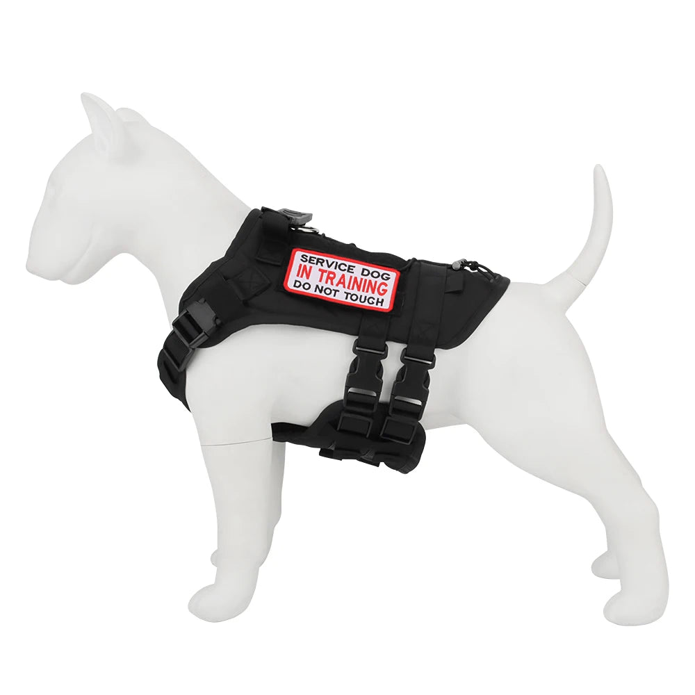 Black service dog harness with a red and white label on a white background
