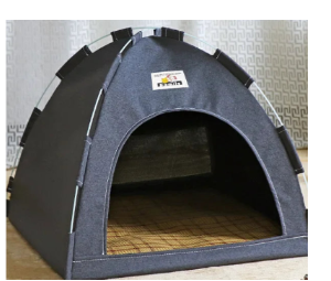 Pet tent with a brand logo on a carpet floor