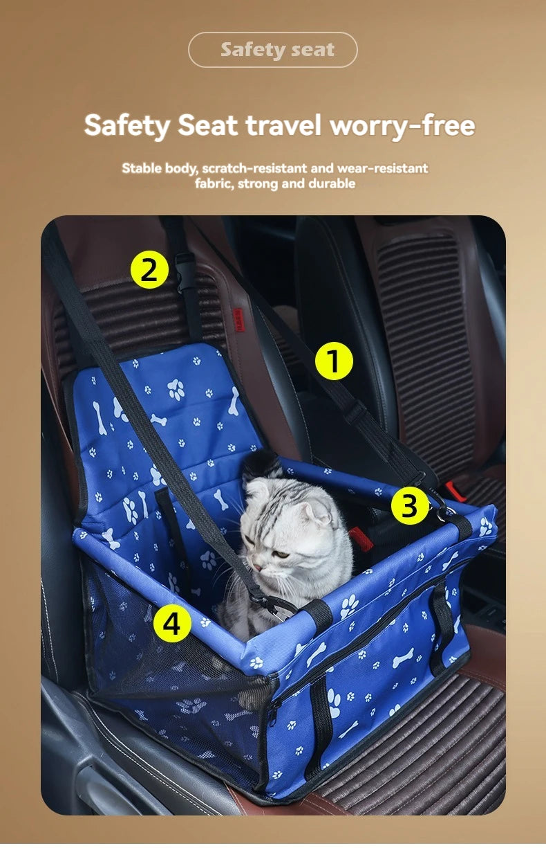 Pet safety seat in a car with labeled parts on a beige background