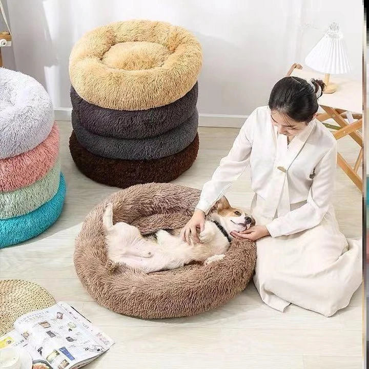 Woman petting a dog on a fluffy pet bed with stacked pet beds in the background.