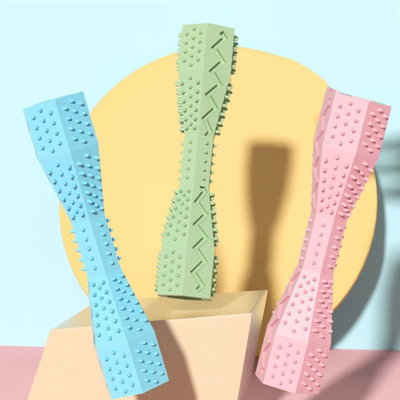 Three textured strips in blue, green, and pink on a yellow and pink geometric background