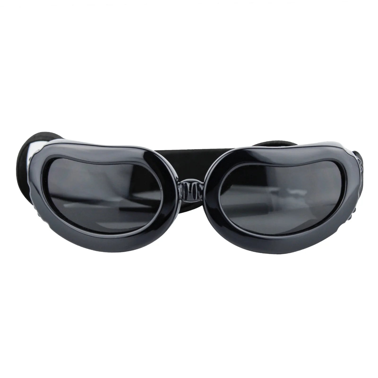 Black goggles with dark lenses on a white background