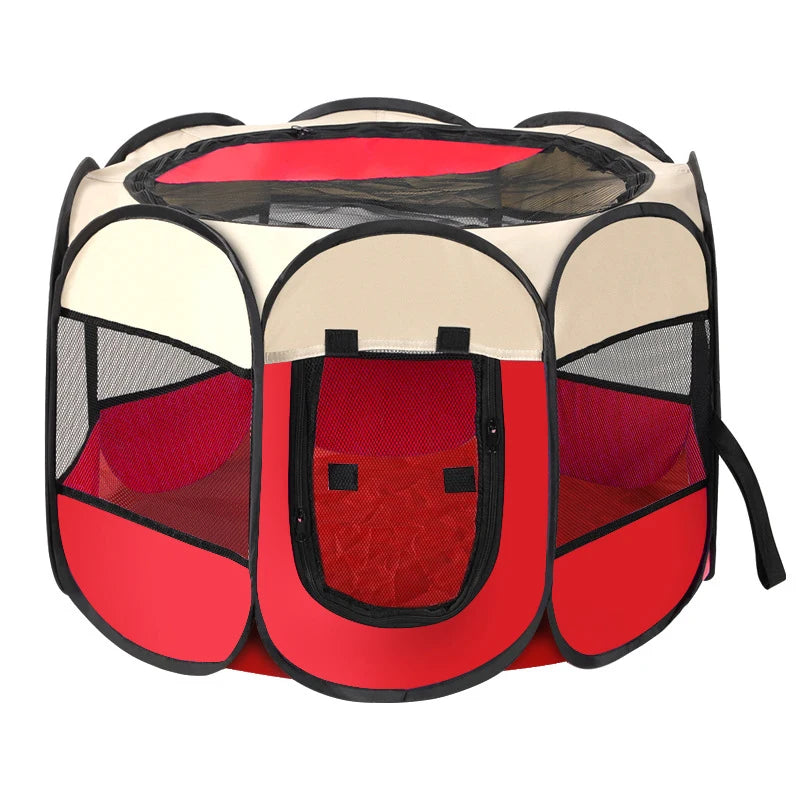 Red and beige pet playpen with mesh sides on a white background