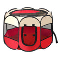 Red and beige pet playpen with mesh sides on a white background