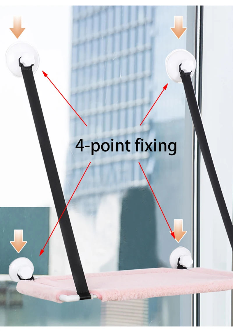 Glass window with a pink lounger and black frame, showing '4-point fixing' with arrows indicating the points of attachment