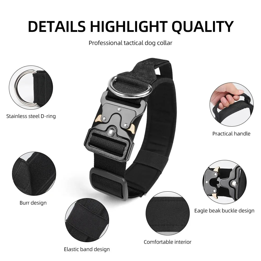 Black tactical dog collar with various features highlighted on a white background