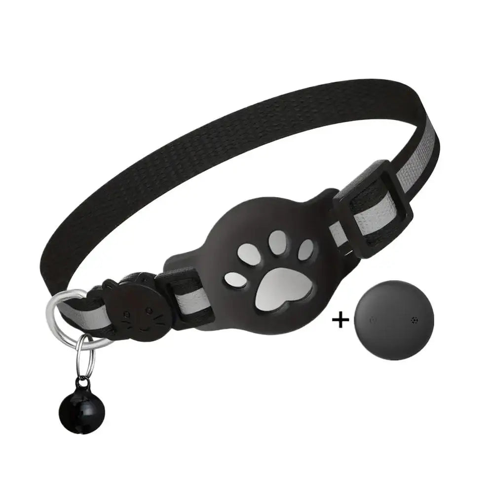 Black pet collar with paw design and additional components on a white background