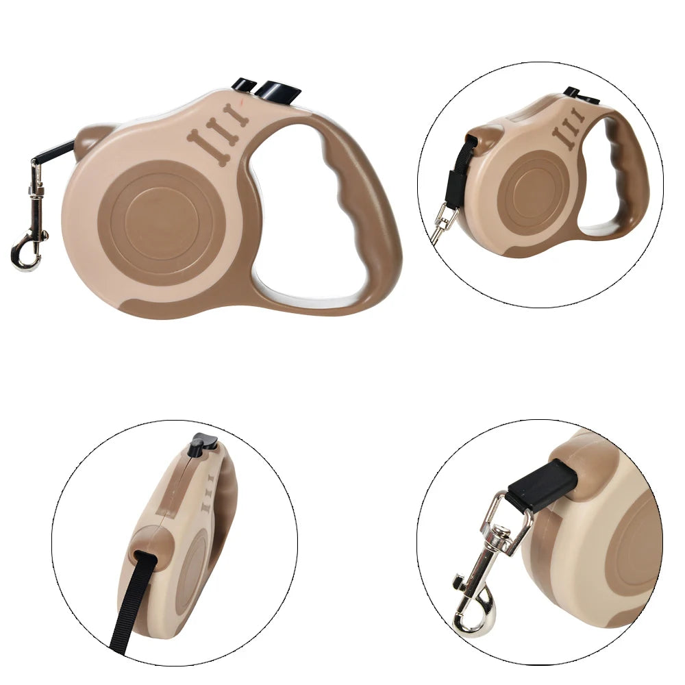 Beige retractable dog leash with handle and clip on a white background
