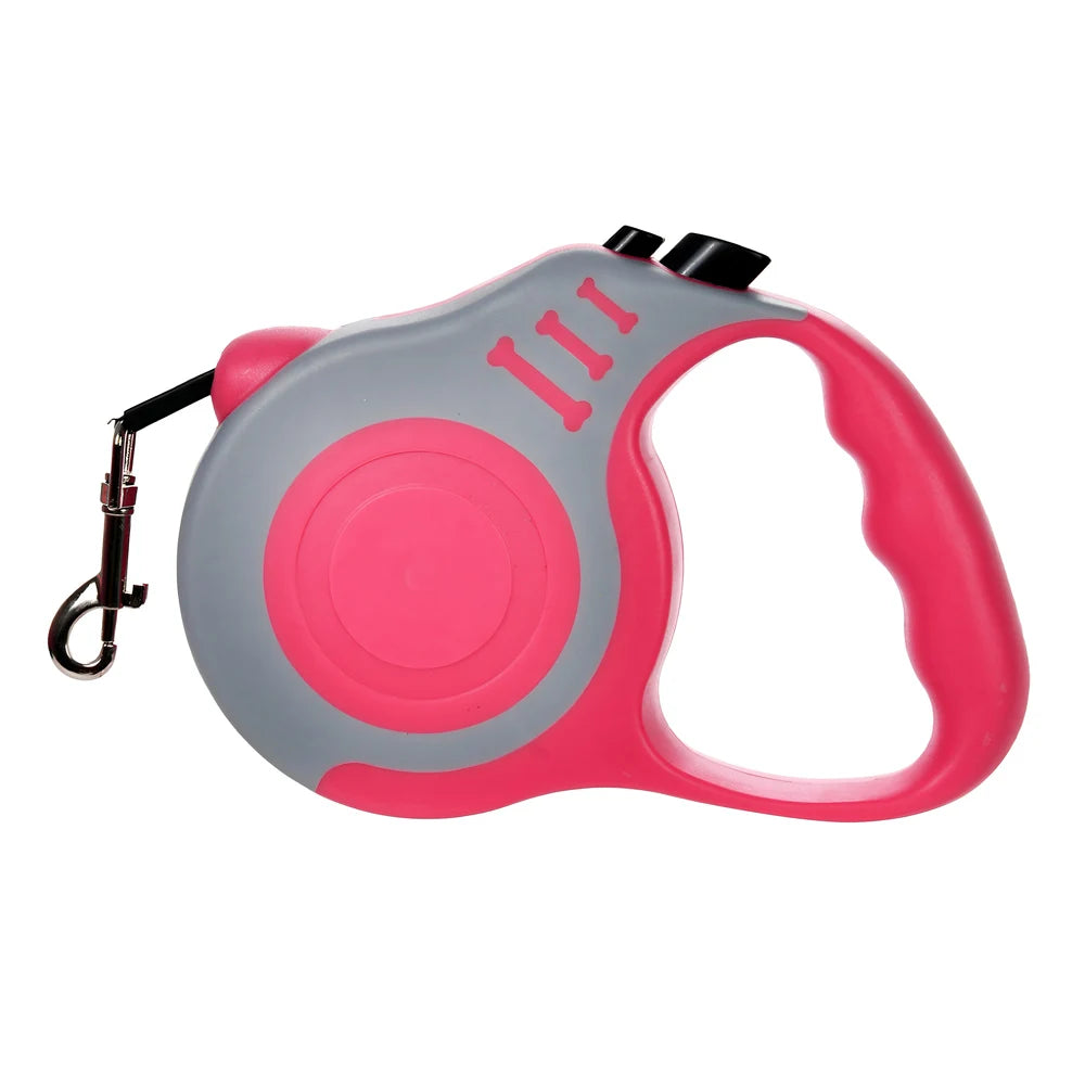 Pink and gray retractable dog leash on a white background