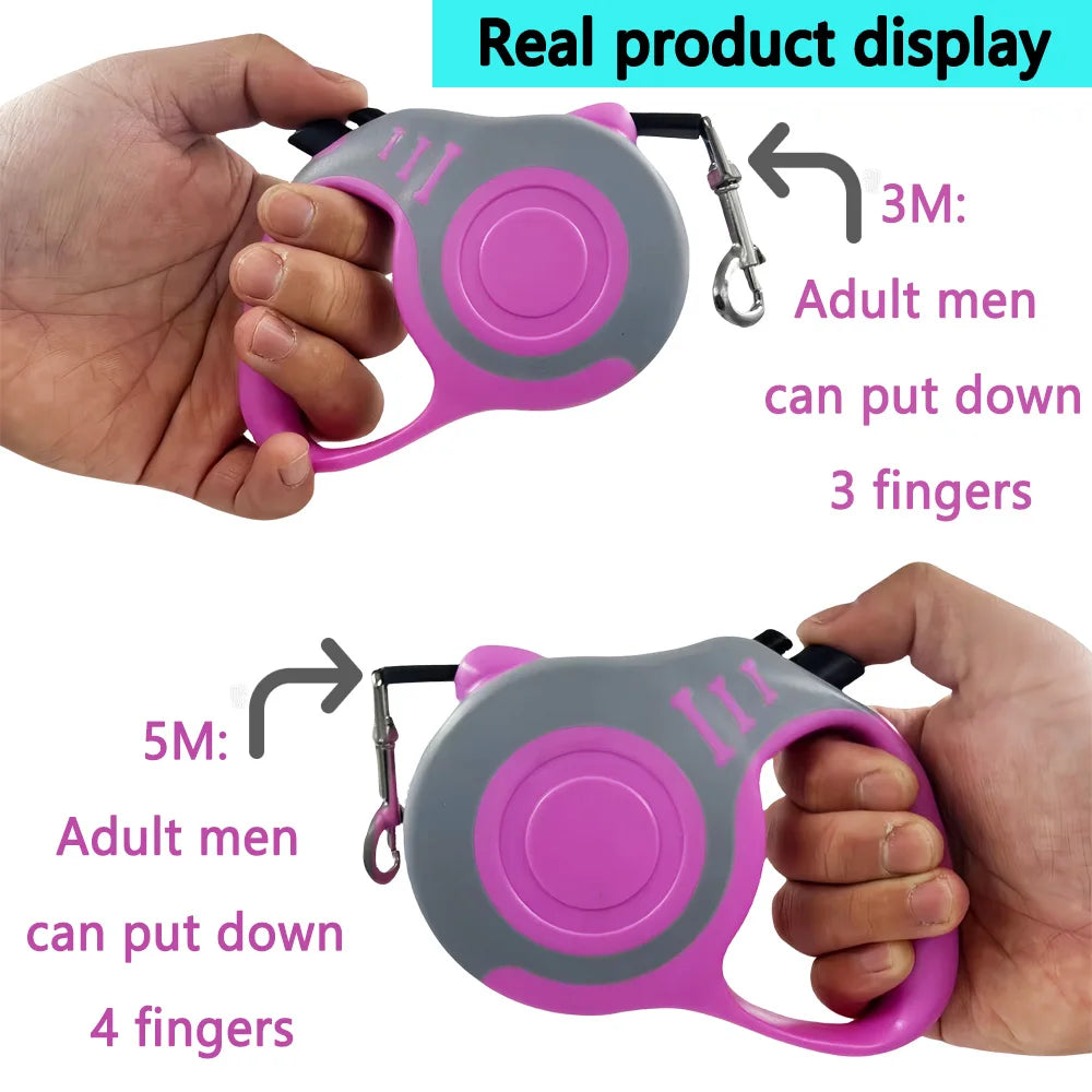 Purple and gray retractable dog leash with measurements indicated on a white background