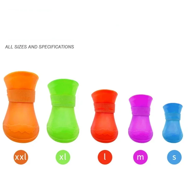 Set of colorful rain boots with size labels on a white background